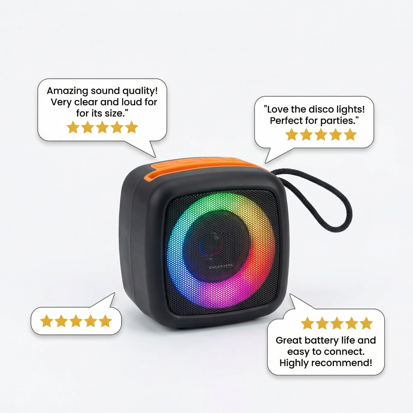 Portable Wireless Bluetooth Speaker with RGB Disco LED Lights – 5W Mini Speaker, TF Card, USB & FM Radio Support, TWS Pairing, 10m Range, Rechargeable 1200mAh Battery
