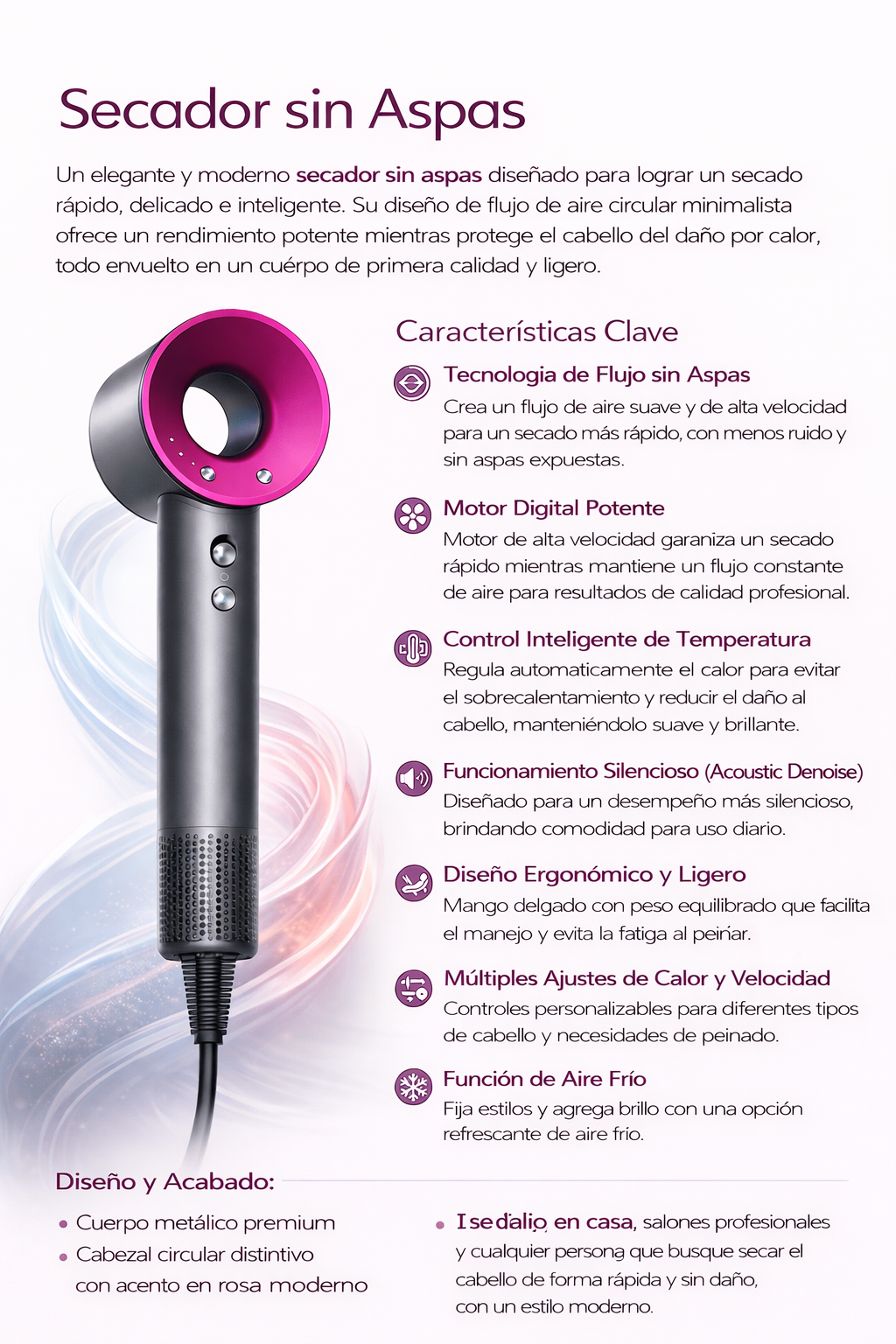 Professional Leafless Hair Dryer with Digital Motor – Fast Drying Ionic Blow Dryer, Intelligent Temperature Control, Low Noise, Lightweight Design