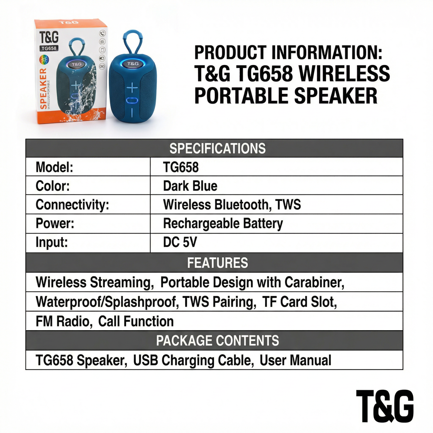 Portable Waterproof Wireless Bluetooth Speaker with TWS Pairing – Rechargeable Splashproof Outdoor Speaker, TF Card & FM Radio Support
