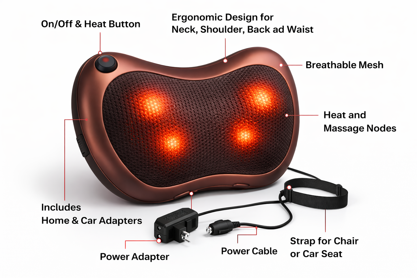 Electric Shiatsu Neck and Back Massage Pillow with Heat, Deep Tissue Kneading Massager Cushion for Neck, Shoulders, Back and Legs, Portable Massage Cushion for Home, Office and Car Use