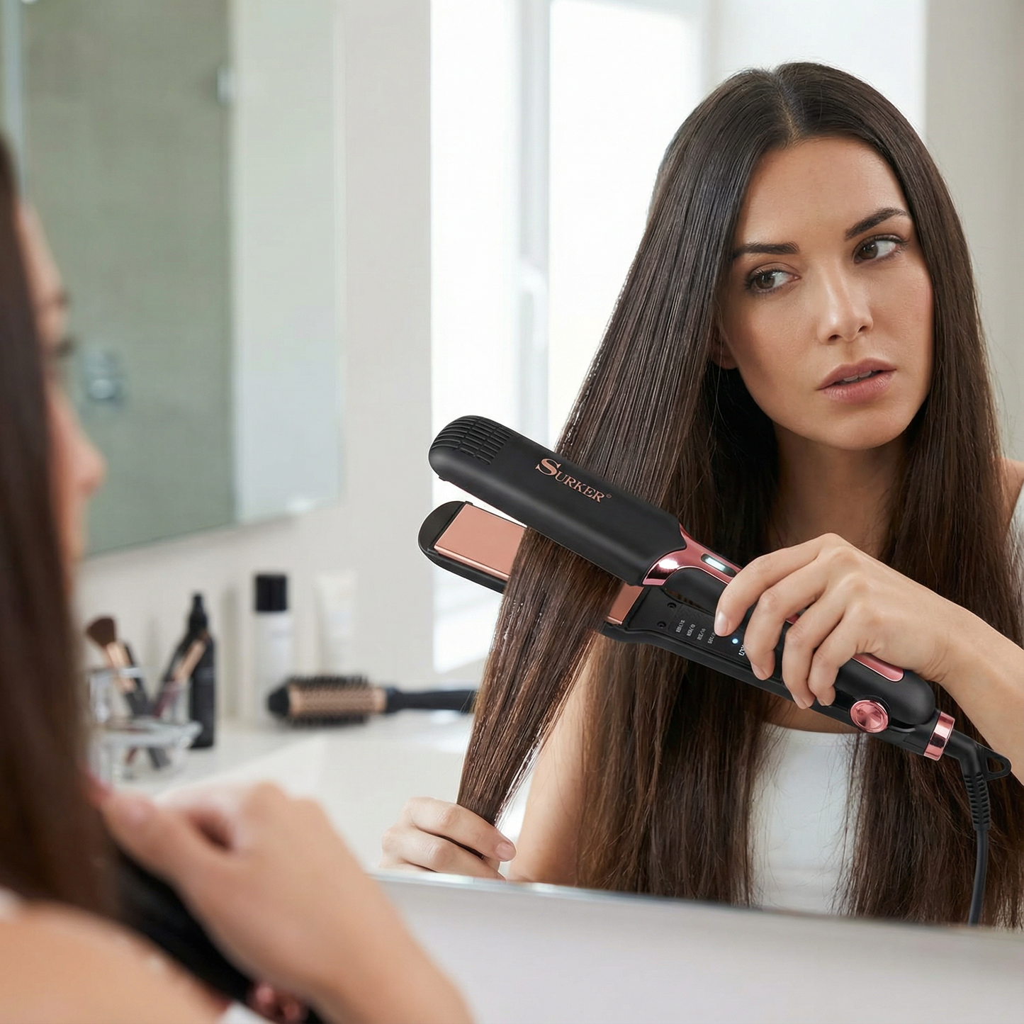 Professional Ceramic Hair Straightener with Adjustable Temperature Control – Rose Gold Plates, Fast Heating Flat Iron, Heat Resistant Design