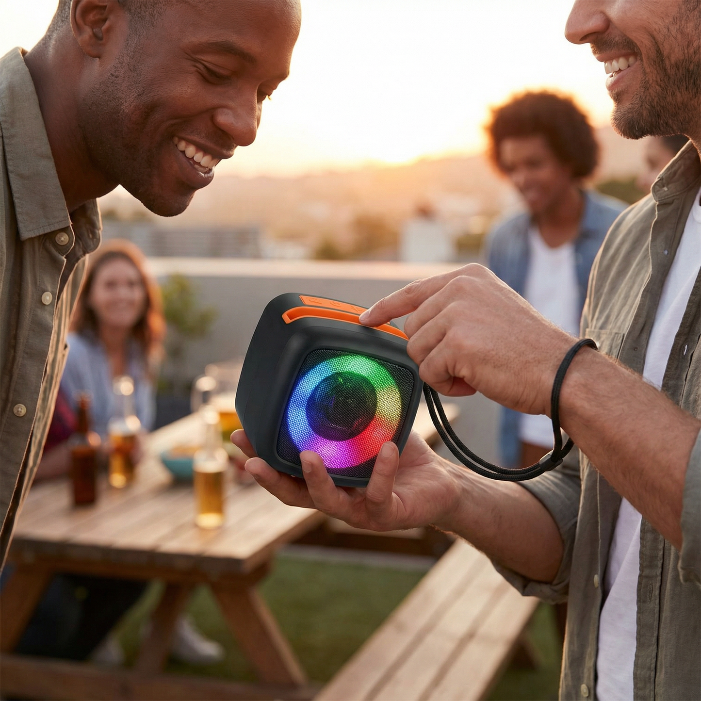 Portable Wireless Bluetooth Speaker with RGB Disco LED Lights – 5W Mini Speaker, TF Card, USB & FM Radio Support, TWS Pairing, 10m Range, Rechargeable 1200mAh Battery