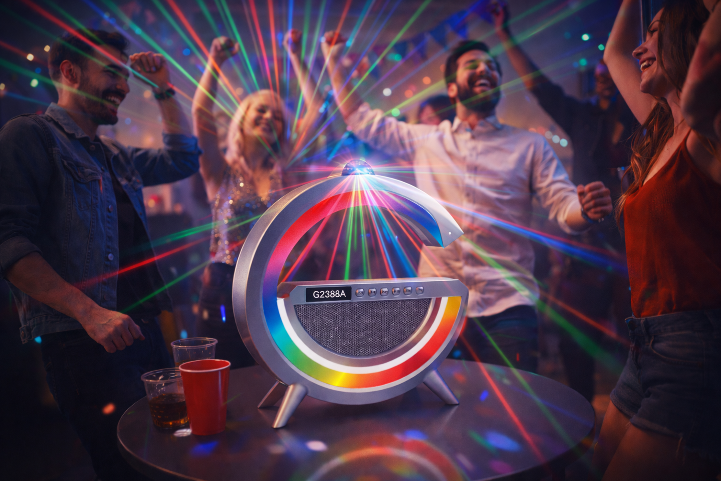 360° Laser Party Speaker with RGB LED Ring – Wireless Bluetooth Speaker, Colorful Light Show, Rechargeable 5V Powered Portable Sound System