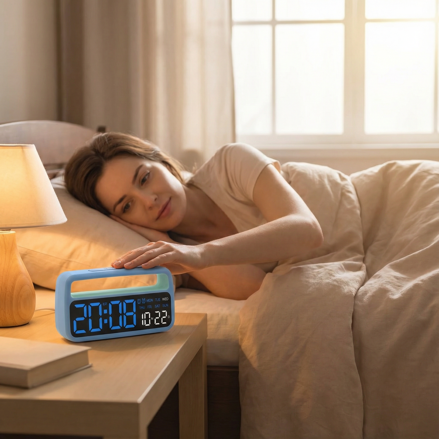 Digital LED Alarm Clock with Large Display, Date and Day Indicator, Bedside Table Clock with Night Light, Battery Powered Desk Alarm Clock with Snooze Function for Bedroom, Office, Nightstand and Home Use