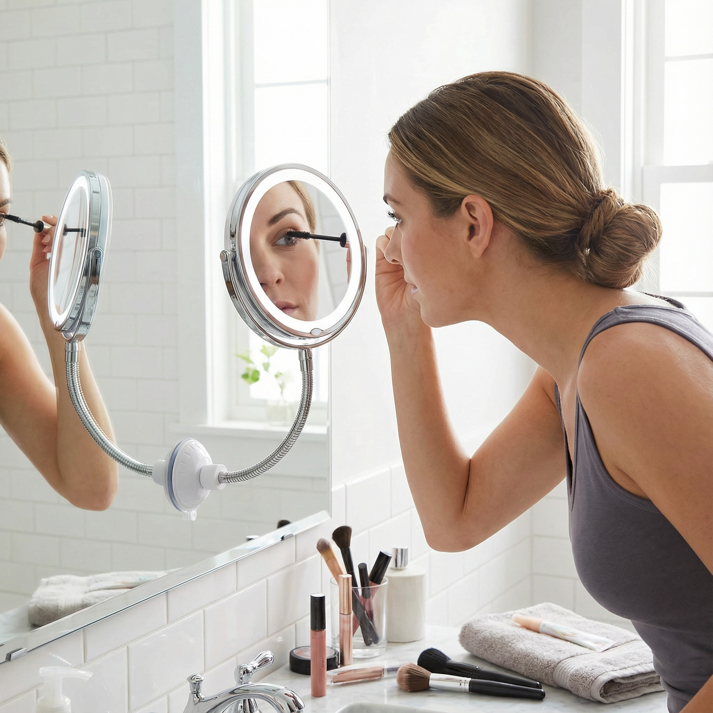 10X Magnifying LED Makeup Mirror with Flexible Gooseneck Arm – 8 Inch Suction Mount Vanity Mirror with 360° Rotation