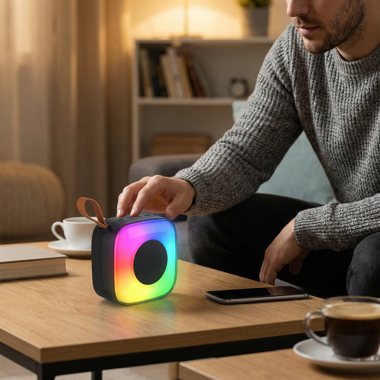 Portable Wireless Bluetooth Speaker with RGB LED Lights – 5W Mini Speaker, Movie & Music Modes, Rechargeable Compact Design with Carry Strap