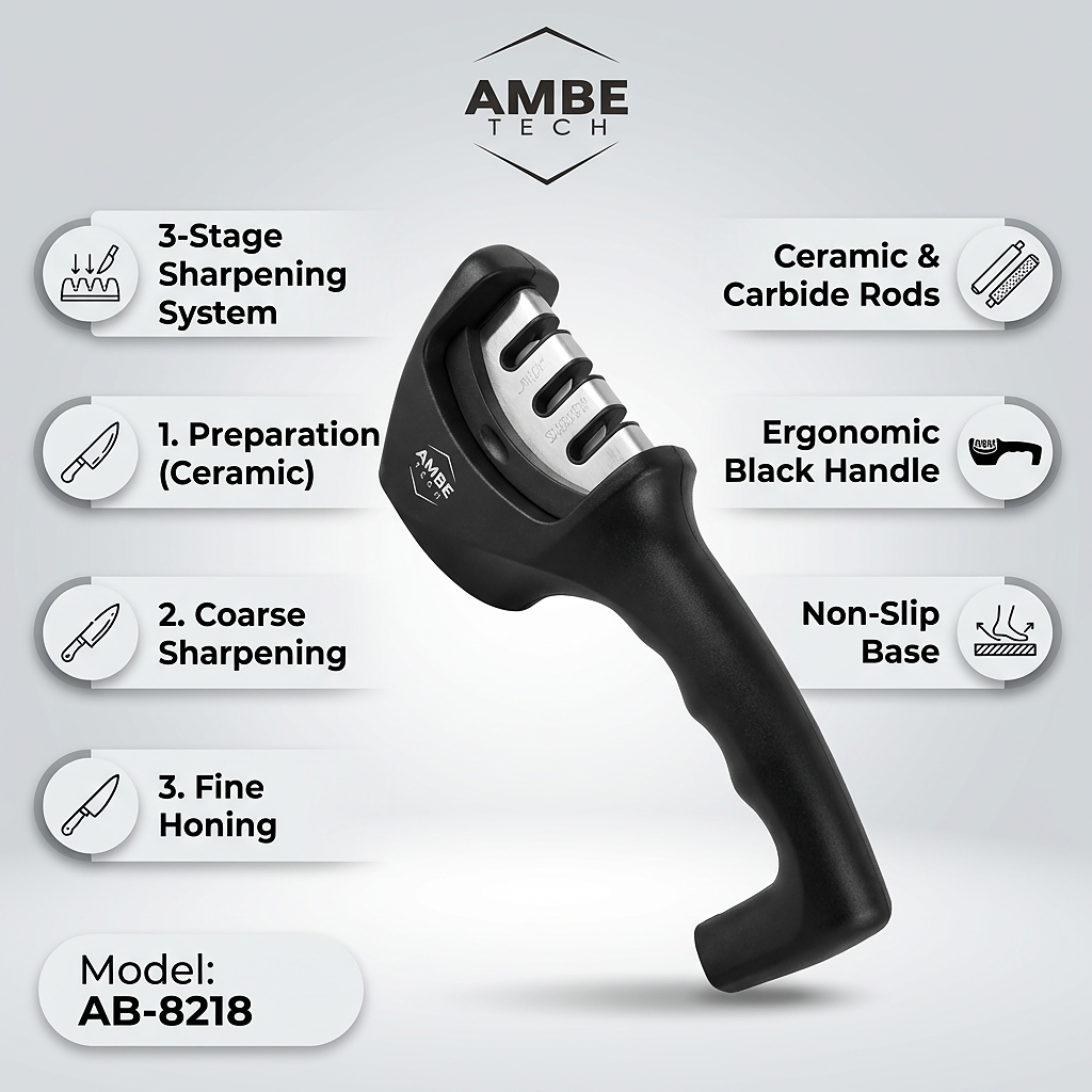 3-Stage Manual Knife Sharpener with Ergonomic Handle – Professional Kitchen Knife Sharpening Tool with Coarse, Fine and Ceramic Sharpening Slots
