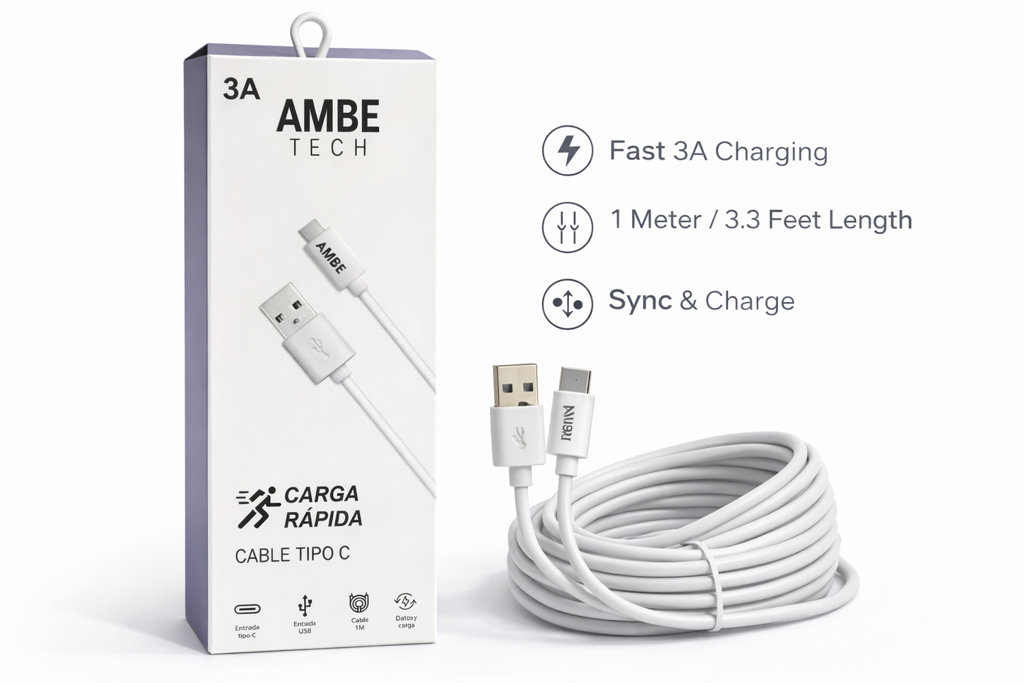 3A Fast Charge USB to Type-C Cable 1M