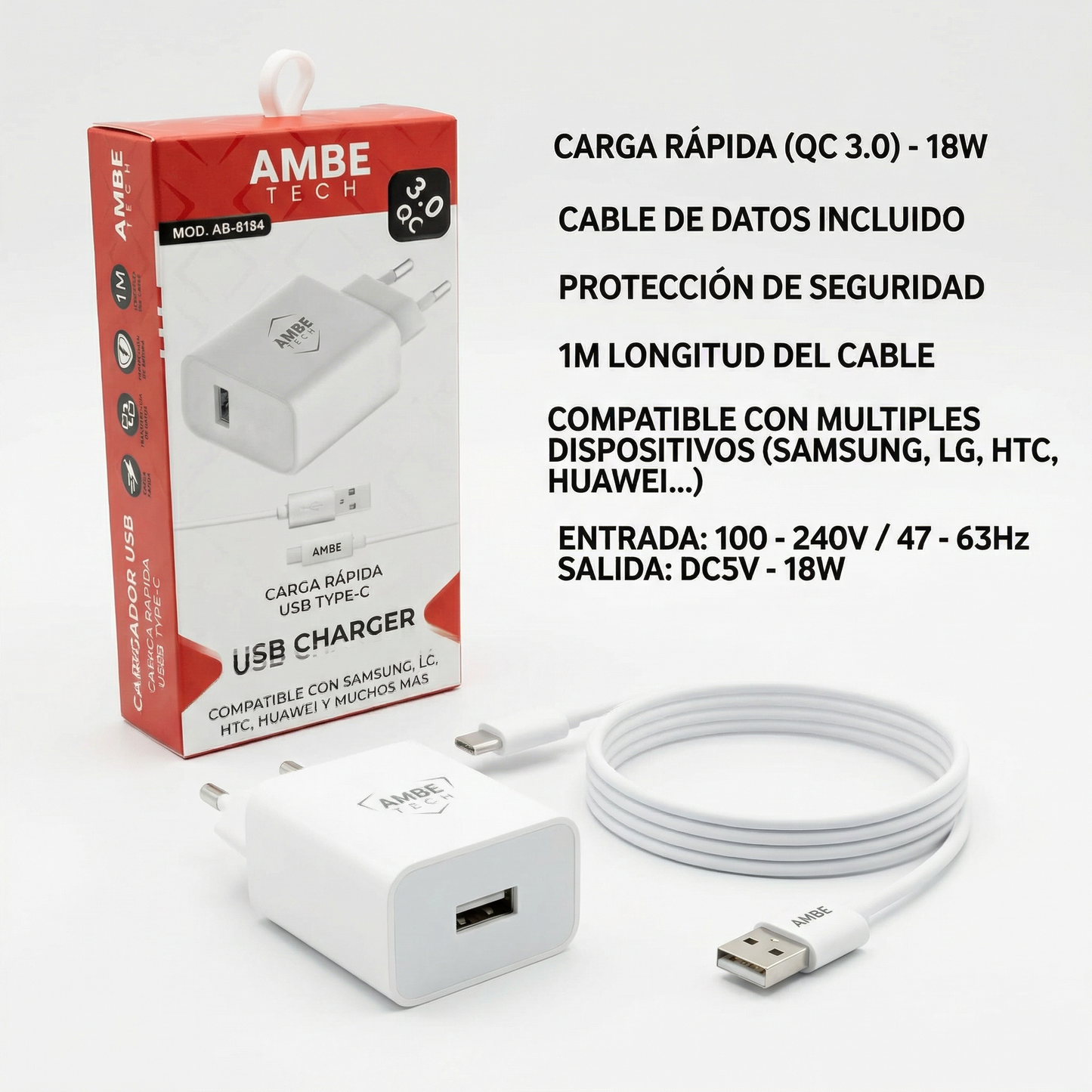 18W Fast Charging Wall Adapter with USB Type-C Cable – Quick Charge 3.0 Power Plug, 1 Meter USB-C Cable Included, Smart Safety Protection