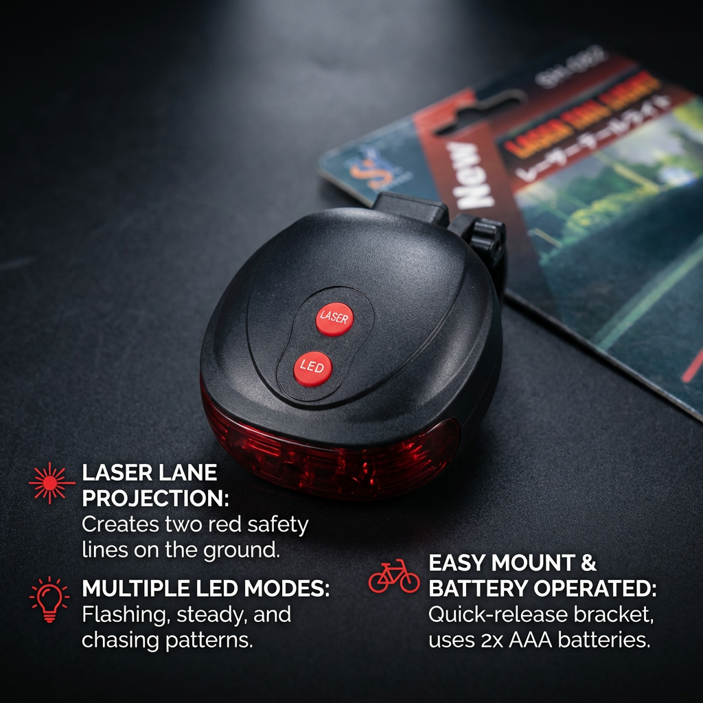 Bicycle Laser Tail Light with LED Safety Light, Battery Powered Bike Rear Warning Light with Laser Lane Projection, Waterproof Cycling Tail Lamp for Road Bike, Mountain Bike and Night Riding Safety