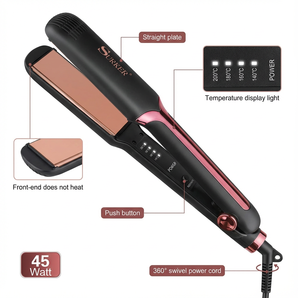 Professional Ceramic Hair Straightener with Adjustable Temperature Control – Rose Gold Plates, Fast Heating Flat Iron, Heat Resistant Design