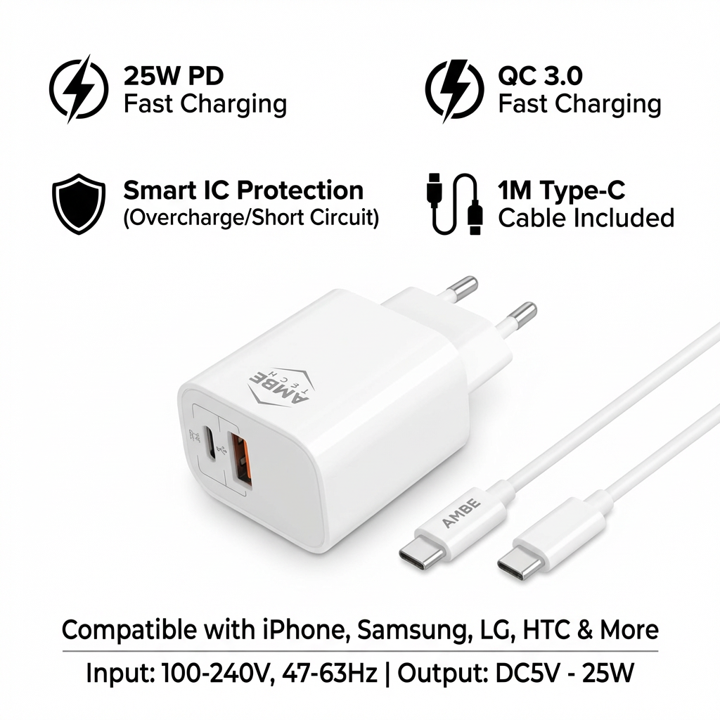 25W PD & QC3.0 Fast Charging Wall Adapter with USB-C to USB-C Cable – Dual Port Power Delivery Charger, 1x USB-C PD + 1x USB-A QC 3.0, Smart Safety Protection