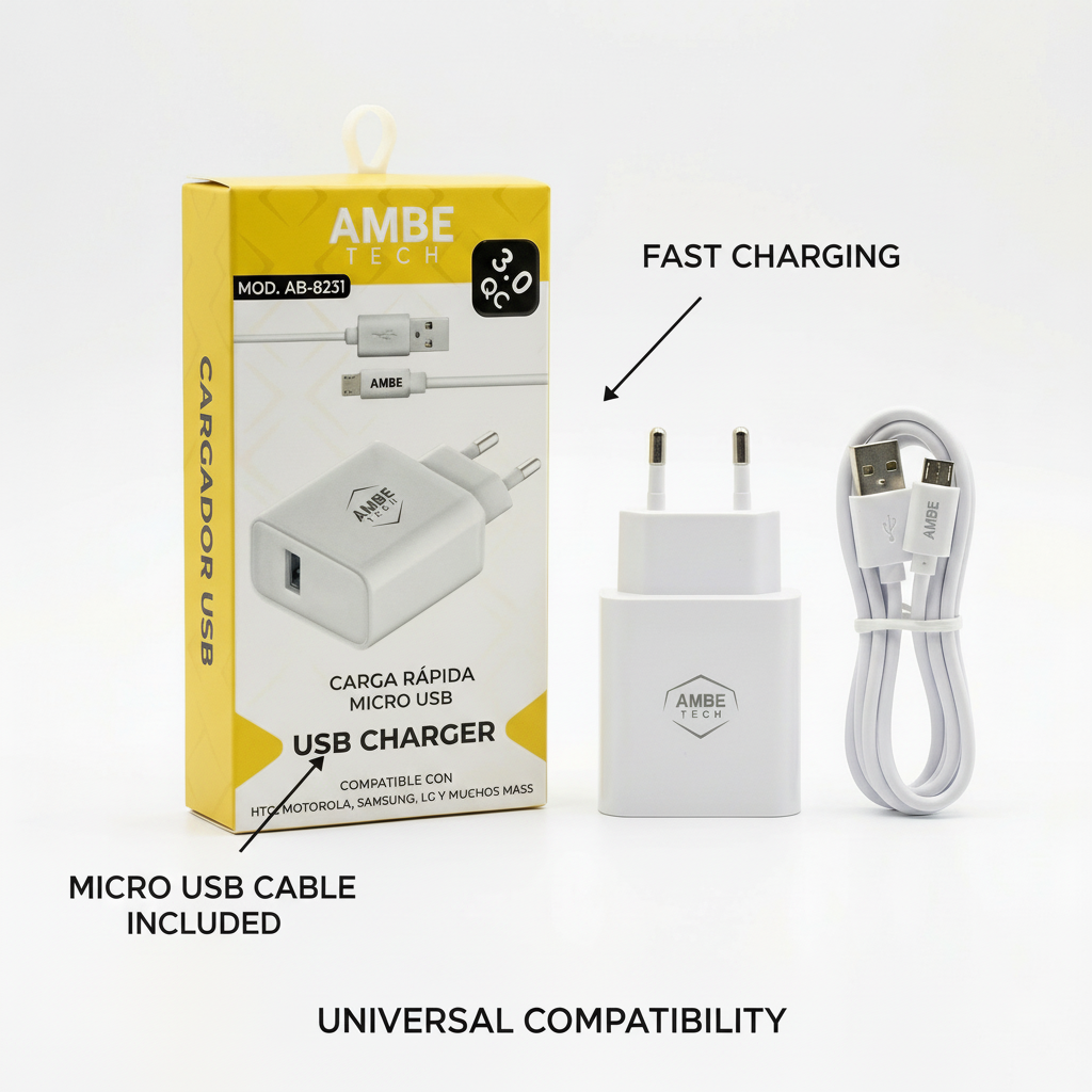 18W Fast Charging Wall Adapter with Micro USB Cable – Quick Charge 3.0 USB Power Plug, 1 Meter Micro USB Cable Included, Compact Travel Charger with Smart Protection