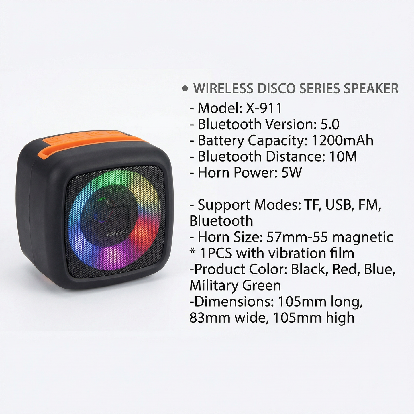 Portable Wireless Bluetooth Speaker with RGB Disco LED Lights – 5W Mini Speaker, TF Card, USB & FM Radio Support, TWS Pairing, 10m Range, Rechargeable 1200mAh Battery