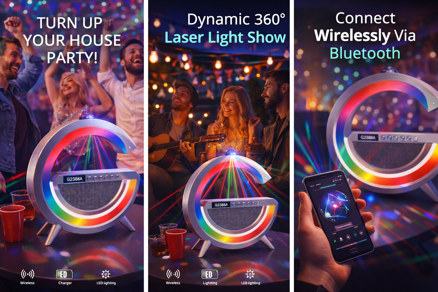 360° Laser Party Speaker with RGB LED Ring – Wireless Bluetooth Speaker, Colorful Light Show, Rechargeable 5V Powered Portable Sound System