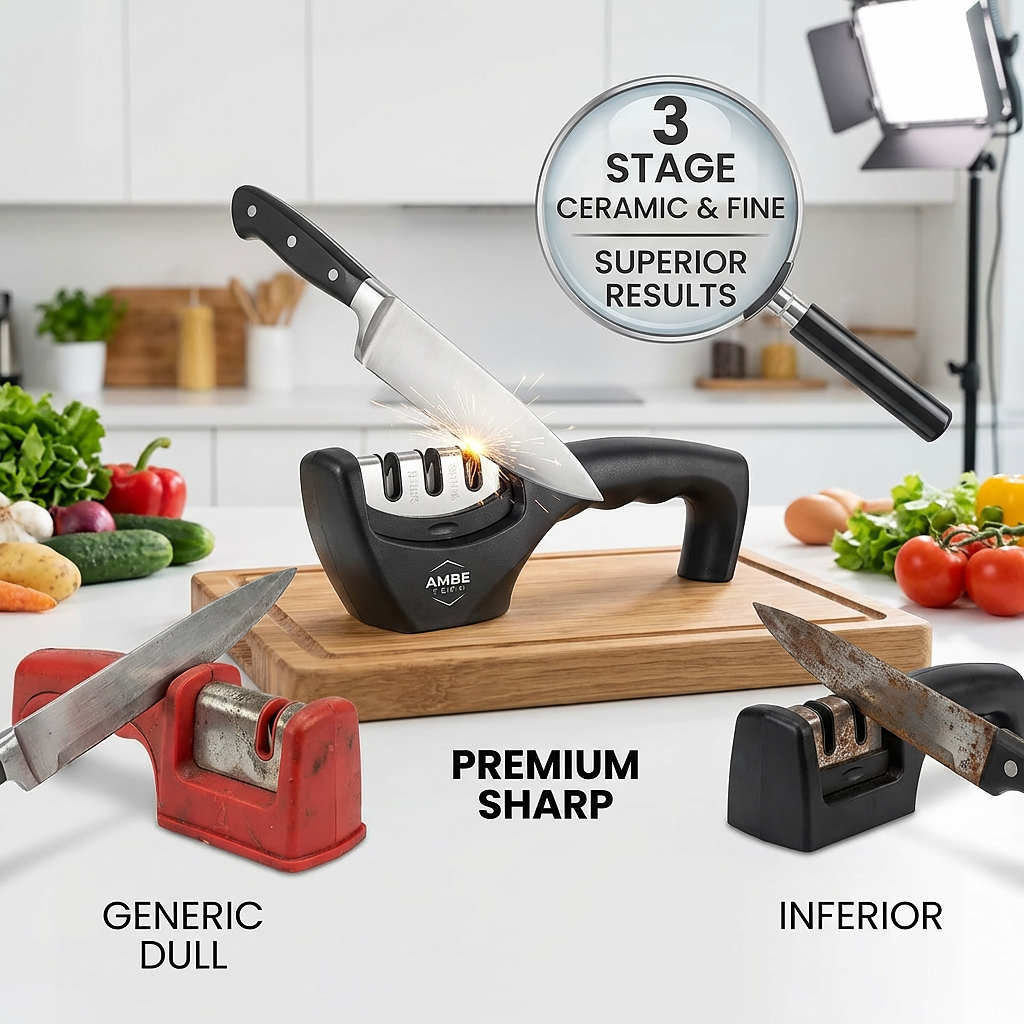 3-Stage Manual Knife Sharpener with Ergonomic Handle – Professional Kitchen Knife Sharpening Tool with Coarse, Fine and Ceramic Sharpening Slots