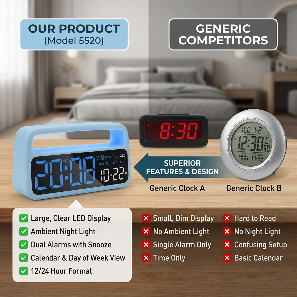Digital LED Alarm Clock with Large Display, Date and Day Indicator, Bedside Table Clock with Night Light, Battery Powered Desk Alarm Clock with Snooze Function for Bedroom, Office, Nightstand and Home Use