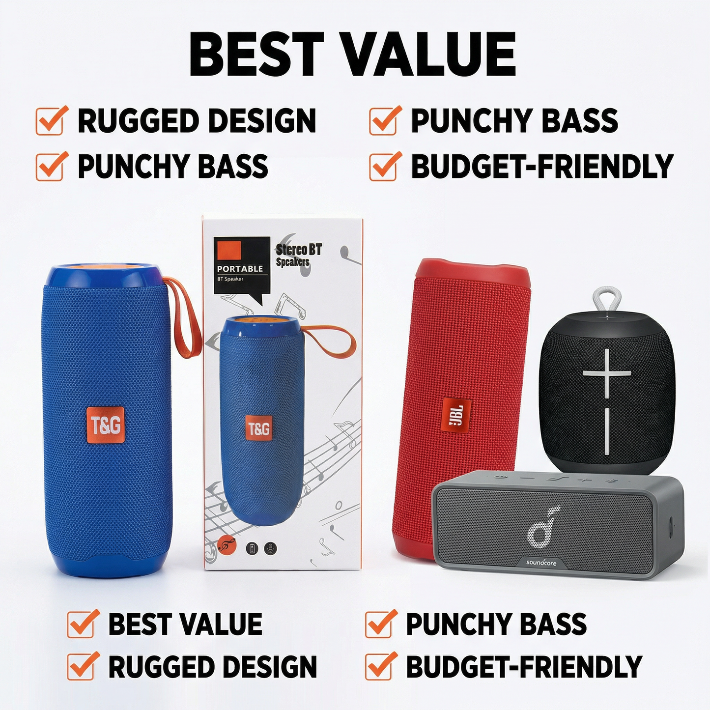 Portable Bluetooth Stereo Speaker with Carry Strap – Wireless Fabric Mesh Speaker, Rechargeable Battery, 5V Input, Compact Outdoor Music Player