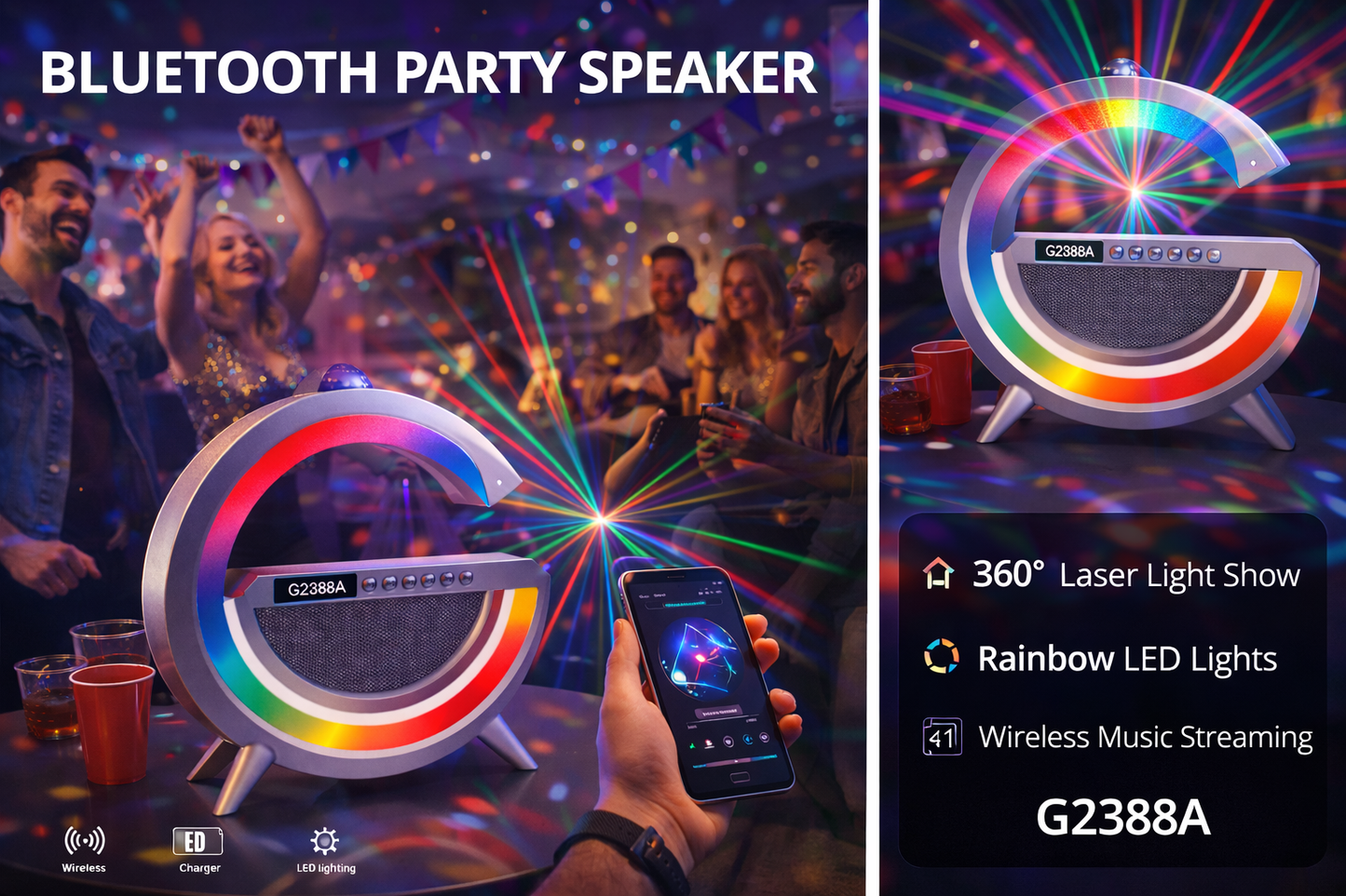 360° Laser Party Speaker with RGB LED Ring – Wireless Bluetooth Speaker, Colorful Light Show, Rechargeable 5V Powered Portable Sound System