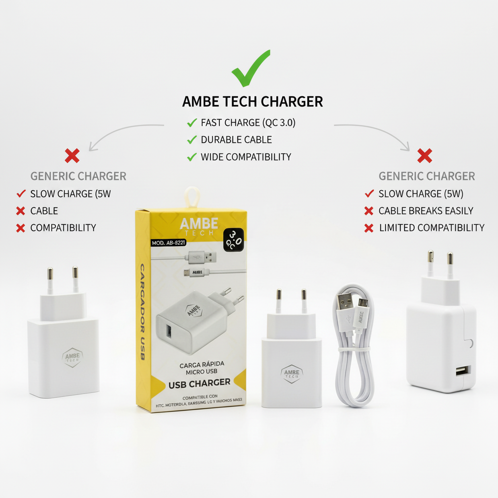 18W Fast Charging Wall Adapter with Micro USB Cable – Quick Charge 3.0 USB Power Plug, 1 Meter Micro USB Cable Included, Compact Travel Charger with Smart Protection