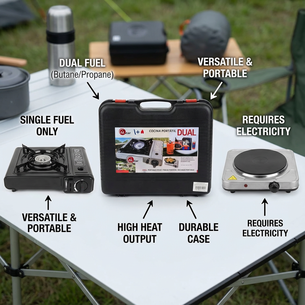 Portable Dual Fuel Camping Gas Stove with Carry Case – Butane Cartridge and LPG Cylinder Compatible Outdoor Cooking Stove for Camping, Hiking, Picnic and Emergency Use