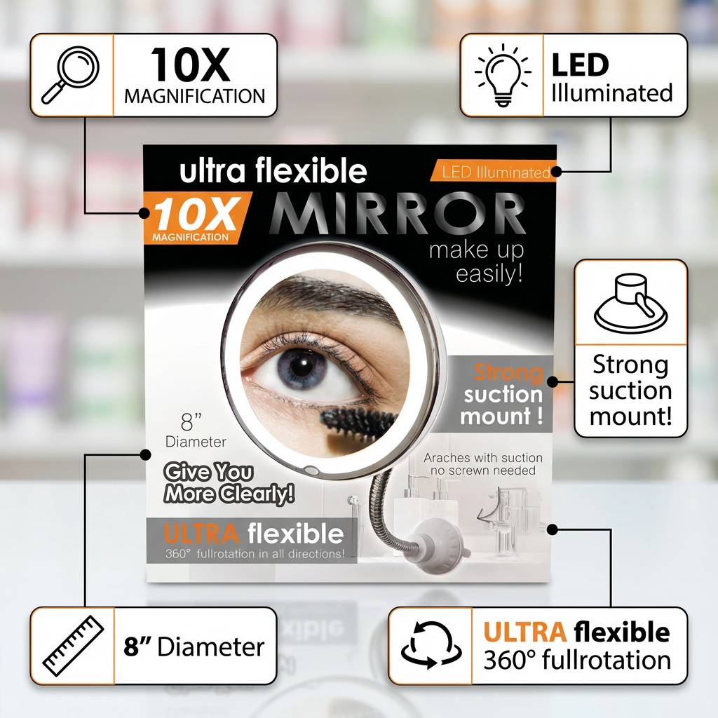 10X Magnifying LED Makeup Mirror with Flexible Gooseneck Arm – 8 Inch Suction Mount Vanity Mirror with 360° Rotation