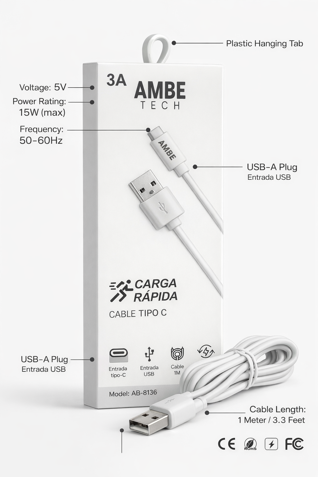 3A Fast Charge USB to Type-C Cable 1M