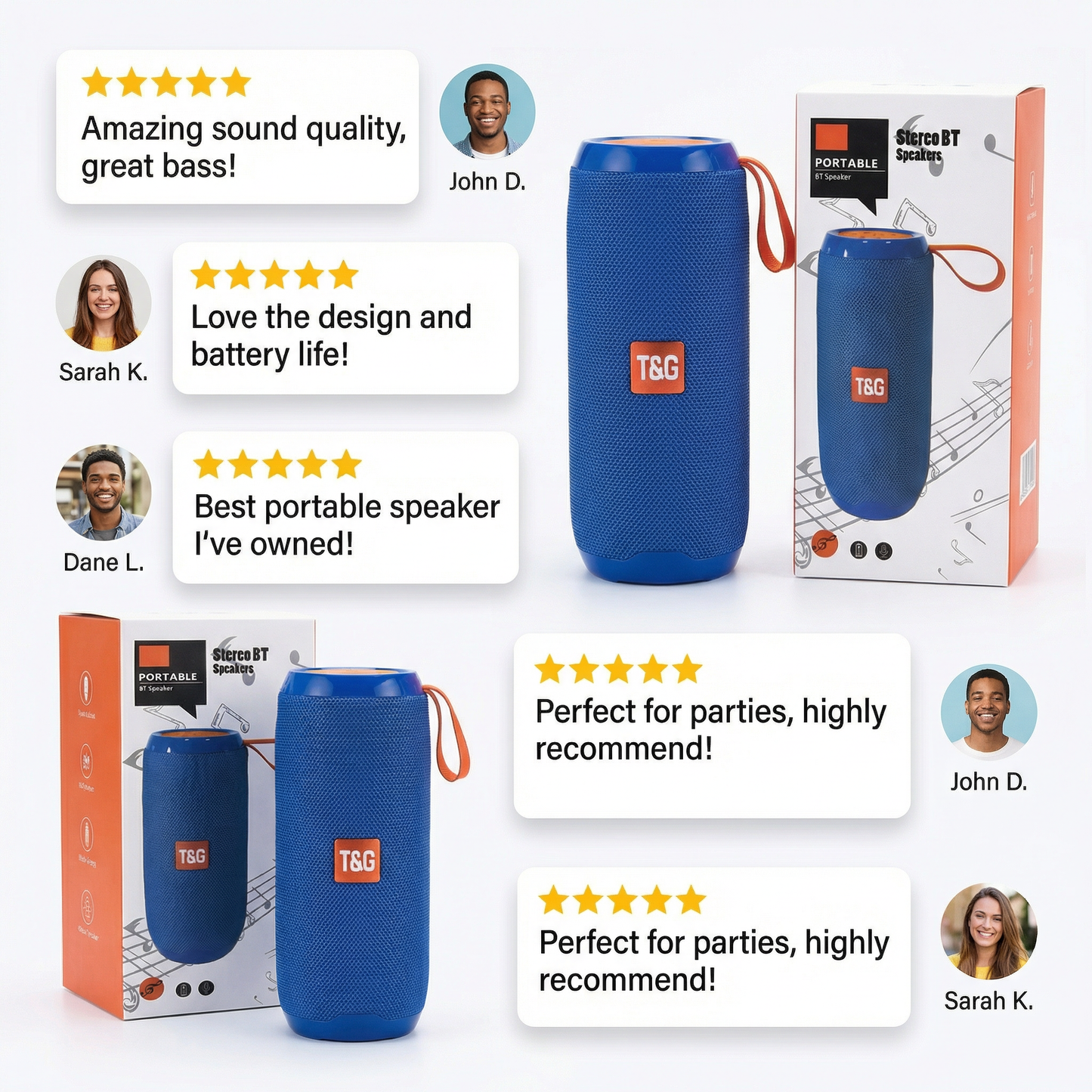Portable Bluetooth Stereo Speaker with Carry Strap – Wireless Fabric Mesh Speaker, Rechargeable Battery, 5V Input, Compact Outdoor Music Player