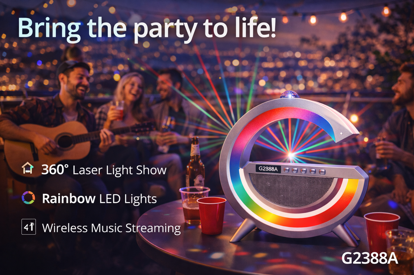 360° Laser Party Speaker with RGB LED Ring – Wireless Bluetooth Speaker, Colorful Light Show, Rechargeable 5V Powered Portable Sound System