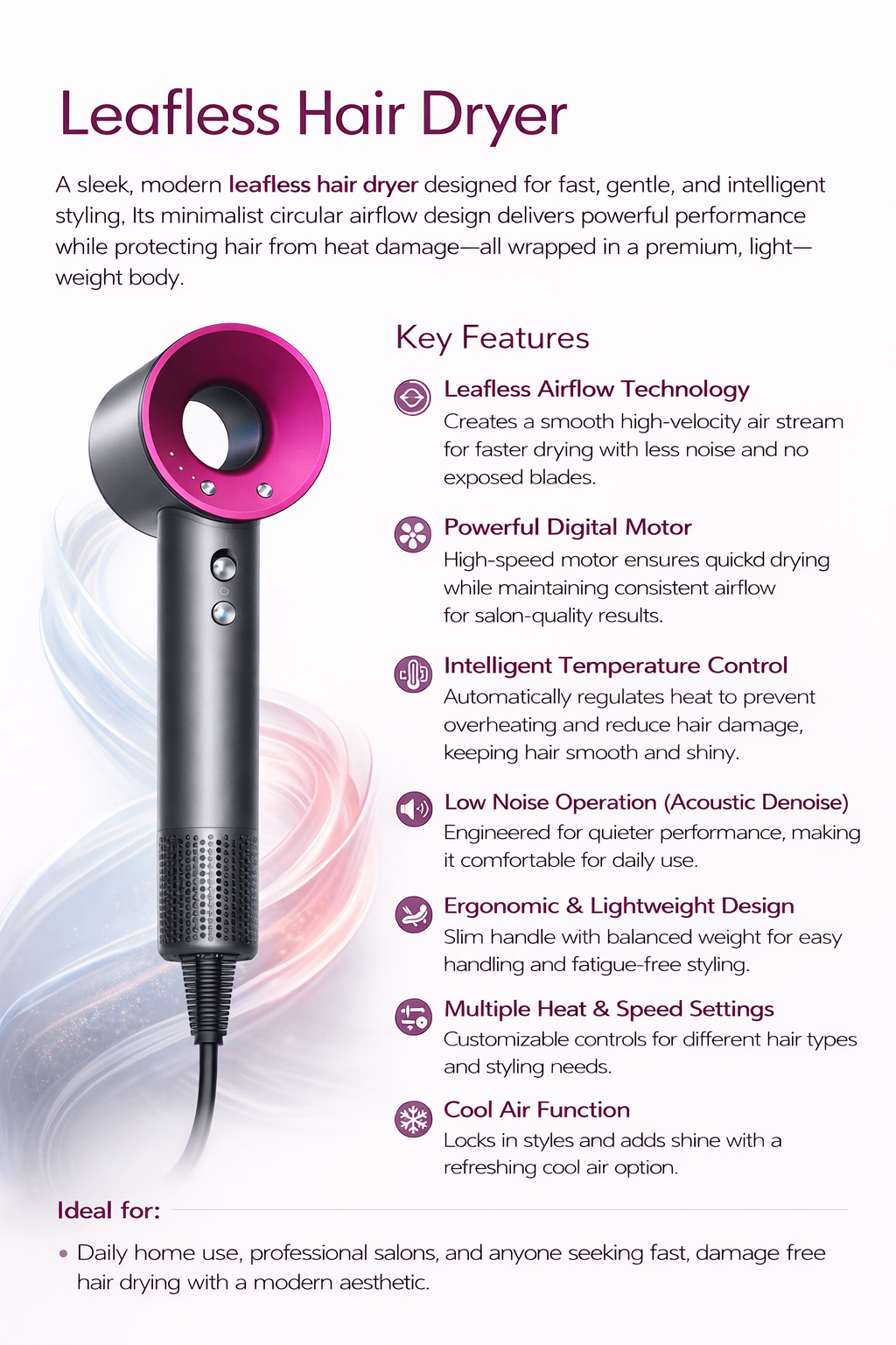 Professional Leafless Hair Dryer with Digital Motor – Fast Drying Ionic Blow Dryer, Intelligent Temperature Control, Low Noise, Lightweight Design