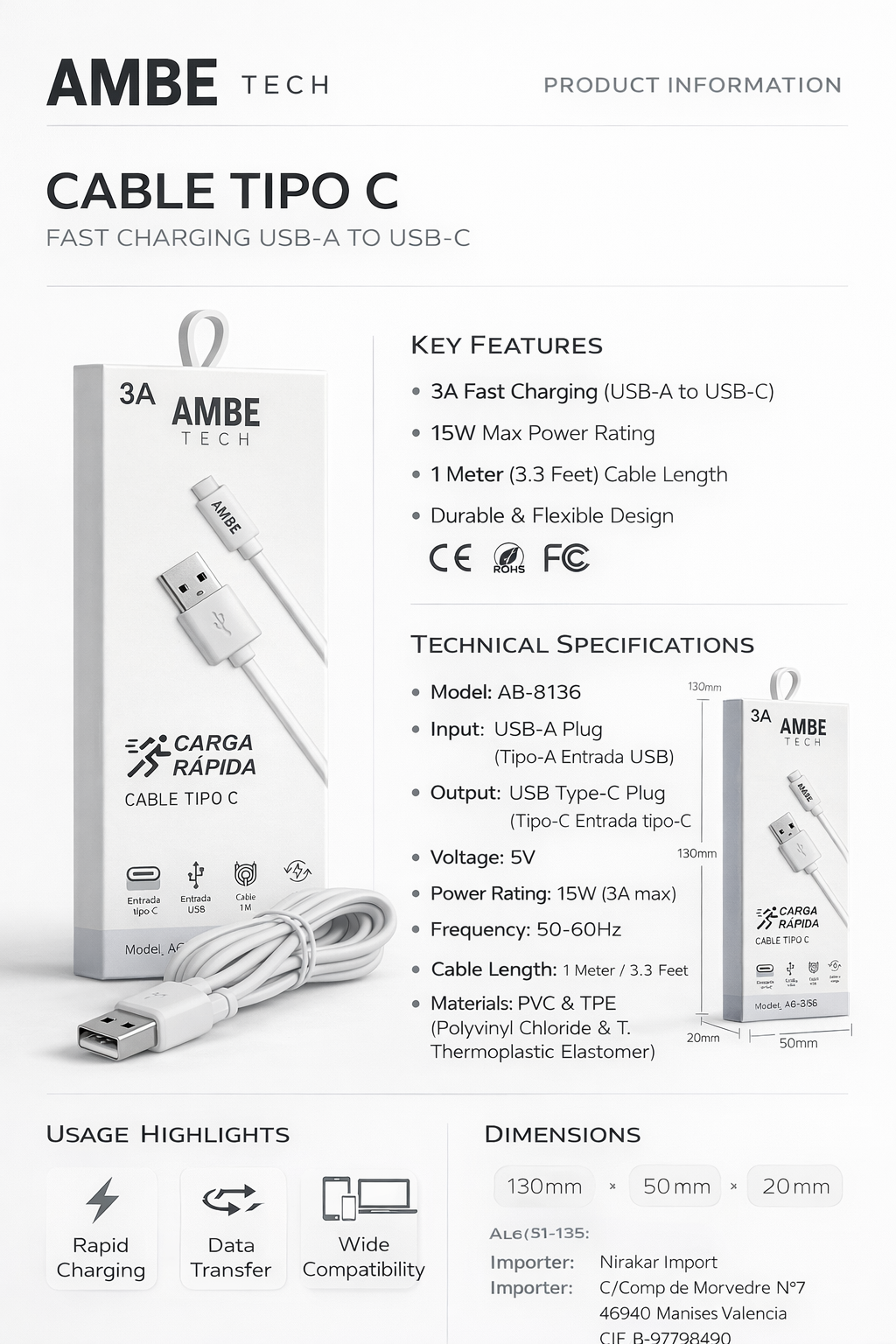 3A Fast Charge USB to Type-C Cable 1M