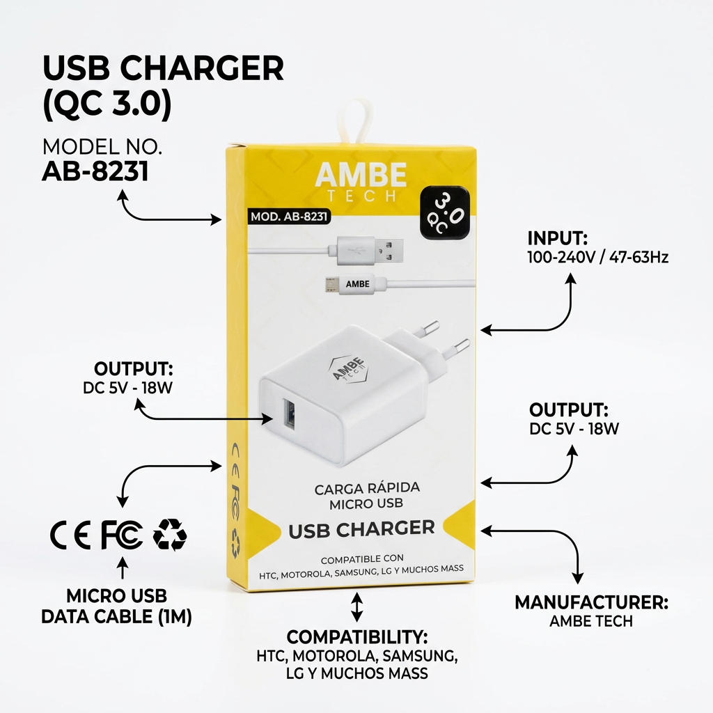 18W Fast Charging Wall Adapter with Micro USB Cable – Quick Charge 3.0 USB Power Plug, 1 Meter Micro USB Cable Included, Compact Travel Charger with Smart Protection