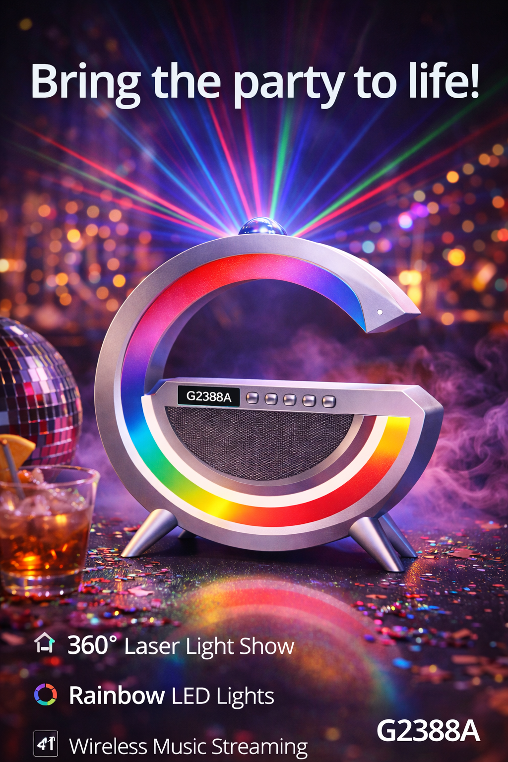 360° Laser Party Speaker with RGB LED Ring – Wireless Bluetooth Speaker, Colorful Light Show, Rechargeable 5V Powered Portable Sound System