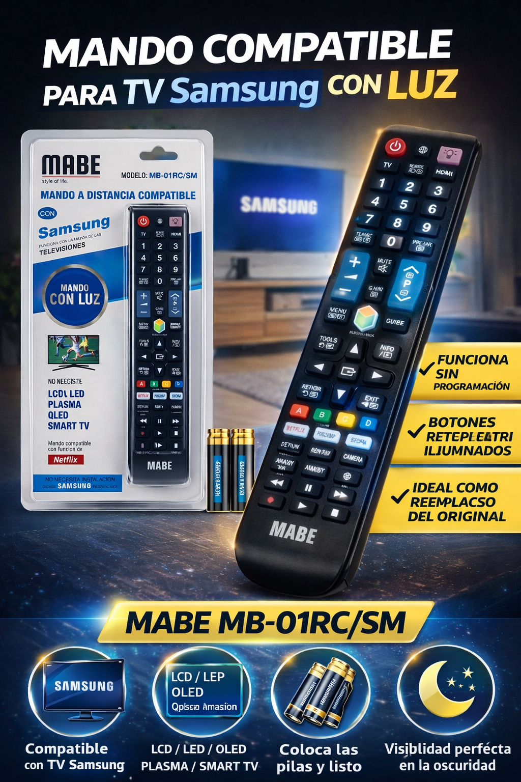 Universal Replacement Remote Control Compatible with Samsung Smart TVs – Backlit Remote for LCD, LED, QLED, Plasma and Smart TVs with Netflix Shortcut