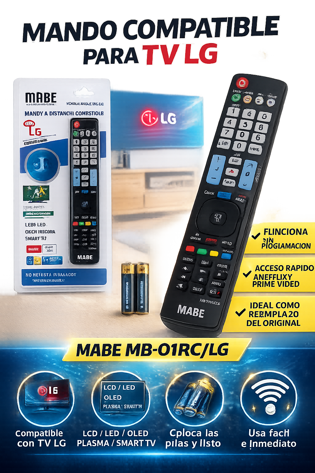 Universal Replacement Remote Control Compatible with LG Smart TVs – Ready to Use Remote for LCD, LED, OLED and Plasma TVs with Netflix and Prime Video Shortcut Buttons