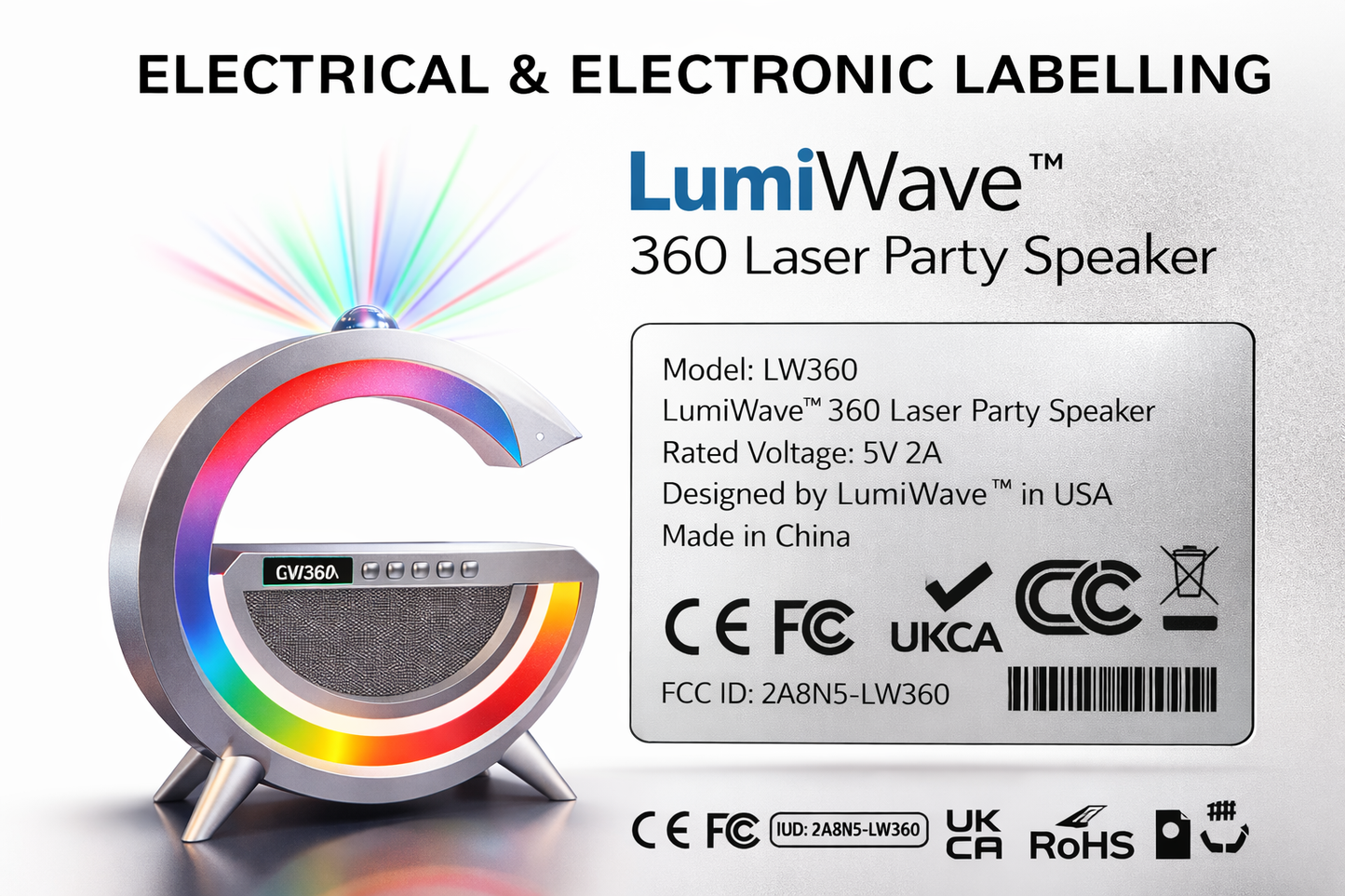 360° Laser Party Speaker with RGB LED Ring – Wireless Bluetooth Speaker, Colorful Light Show, Rechargeable 5V Powered Portable Sound System