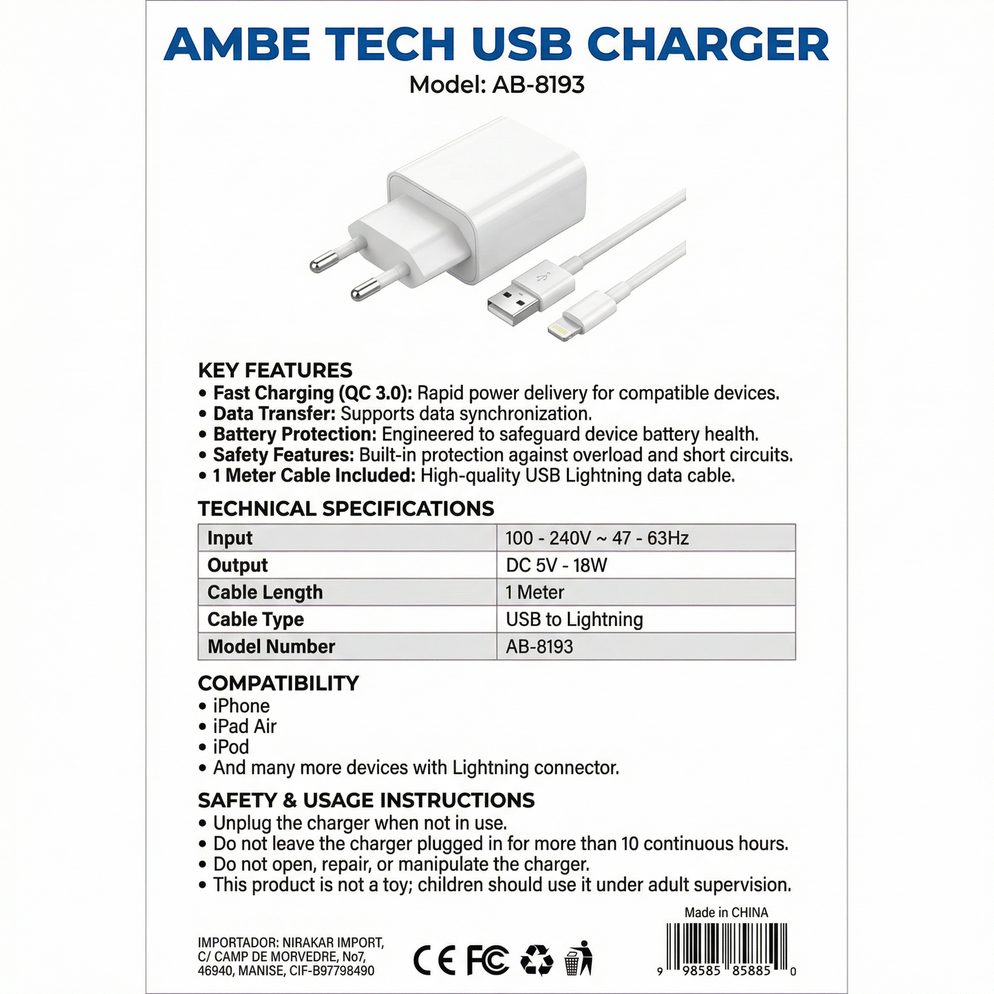 18W Fast Charging Wall Adapter with USB to Lightning Cable – Quick Charge 3.0 Power Plug with 1 Meter Data Cable, Smart Protection