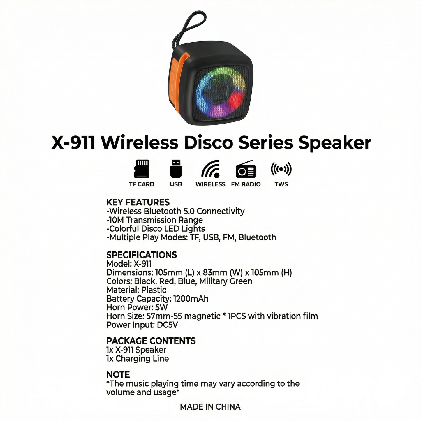 Portable Wireless Bluetooth Speaker with RGB Disco LED Lights – 5W Mini Speaker, TF Card, USB & FM Radio Support, TWS Pairing, 10m Range, Rechargeable 1200mAh Battery