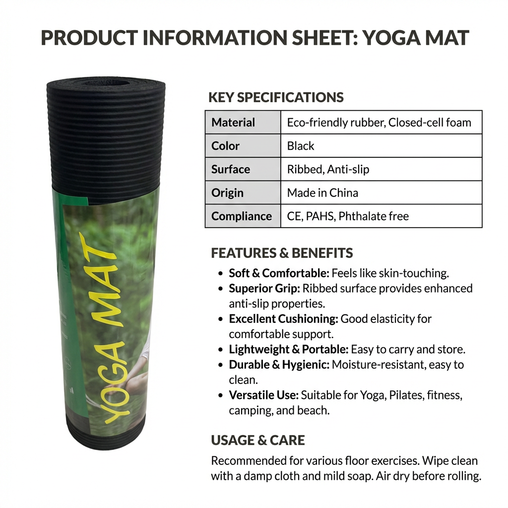 Non-Slip Yoga and Fitness Exercise Mat with Ribbed Anti-Slip Surface, Eco-Friendly Foam Workout Mat for Yoga, Pilates, Stretching, Home Gym Training, Meditation and Floor Exercises
