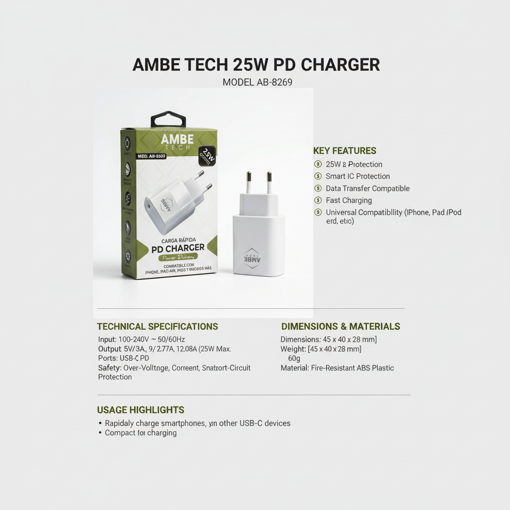 25W PD Fast Charging Wall Adapter – USB-C Power Delivery Charger with Smart IC Protection, Compact Travel Power Plug
